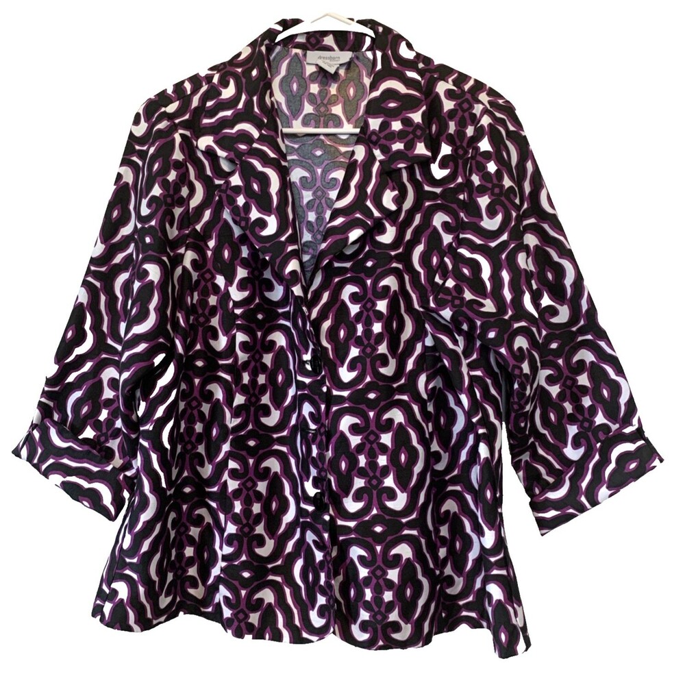 Dressbarn Black & Purple on White Geometric Top Button Front Collar USA Y2K